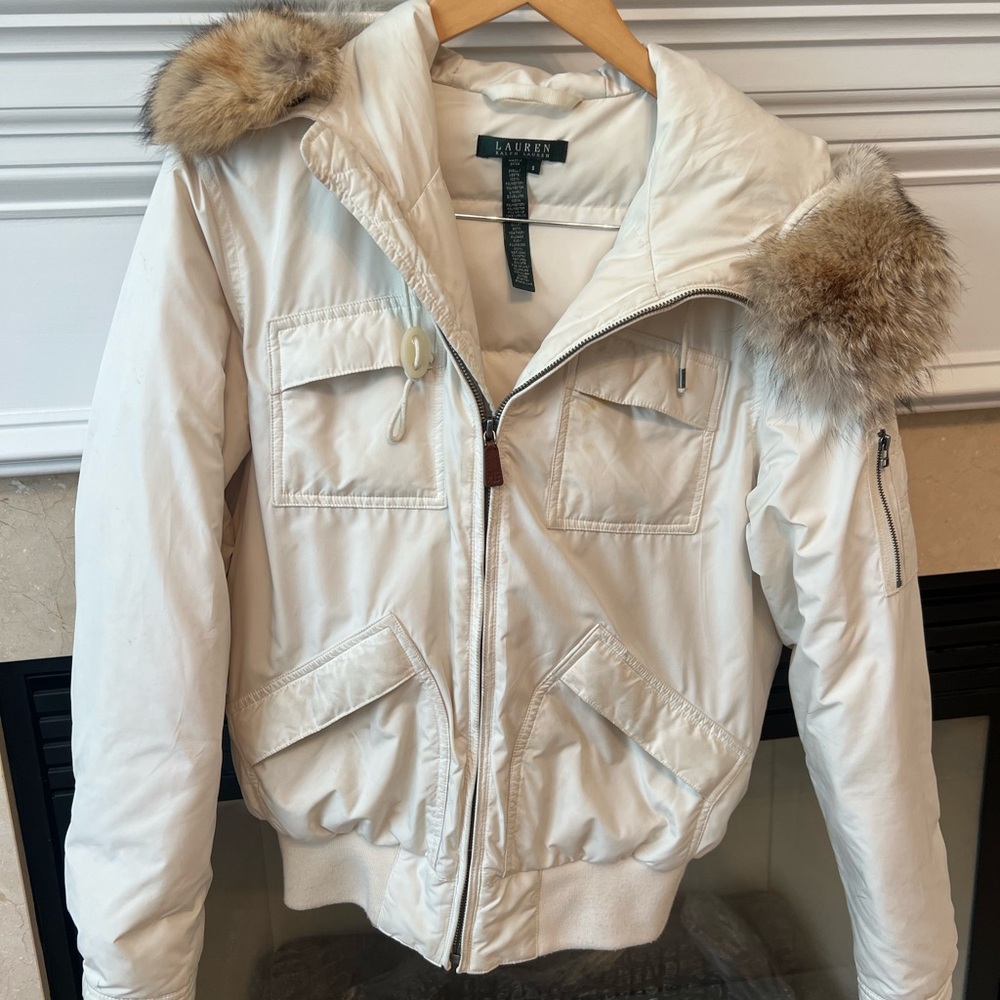Ralph Lauren Cream Bomber Jacket with Fur Trim